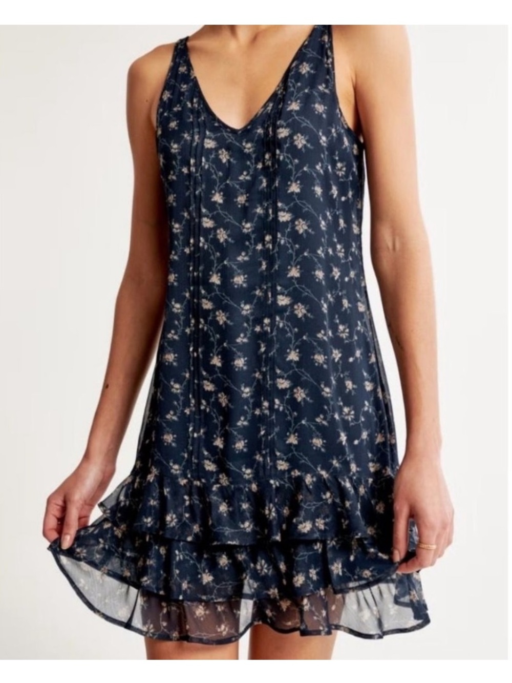 Abercrombie Y2K Navy Floral Ruffle Hem Slip Dress V Neck Vintage Cottagecore L